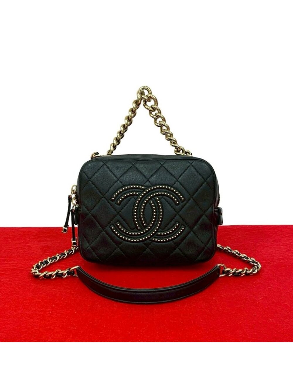 Chanel Quilted Coco Studs Leather 2-Way Chain Shoulder Bag Black